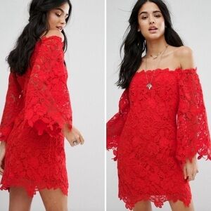NWT Free People Dusk Off the Shoulder Lace Dress in Fiesta Red Sz 2